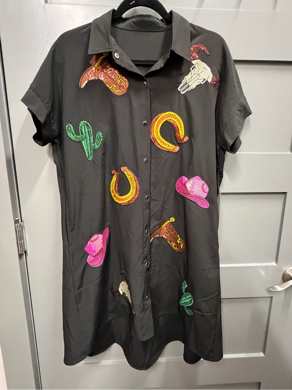 Black High-Low Button Dress with Western Sequin Motifs